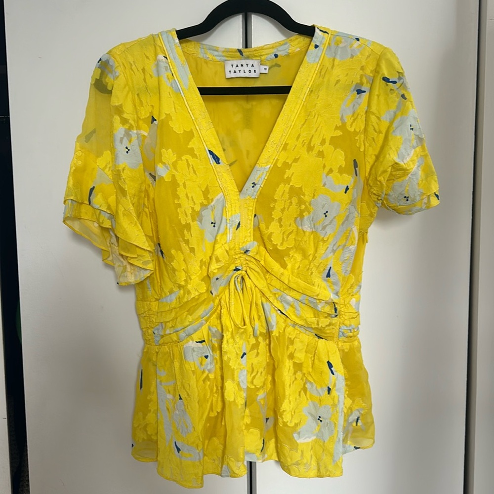 Tanya Taylor Short Sleeved Blouse Top Size 10 Bright Yellow